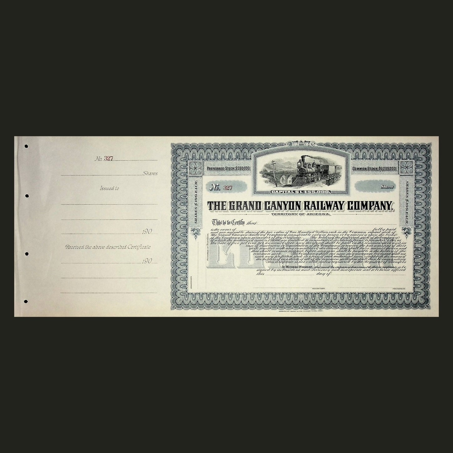 The Grand Canyon Railway Company Stock Certificate early 1900s - Unissued