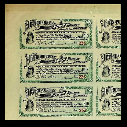 Metropolitan Crosstown Railway New York City Uncanceled Bond Certificate 1900s (with Coupons)