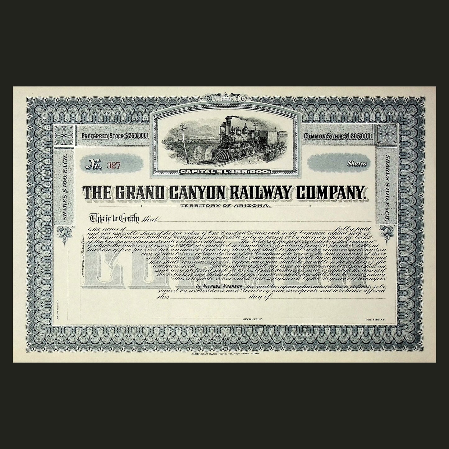 The Grand Canyon Railway Company Stock Certificate early 1900s - Unissued