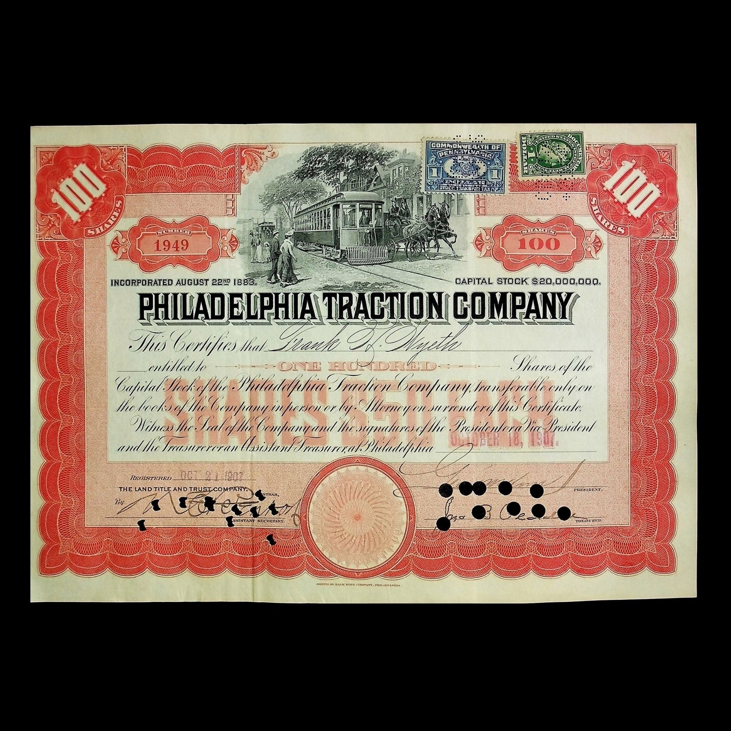 20 世纪 30 年代的费城电车公司股票证书（现为 SEPTA）