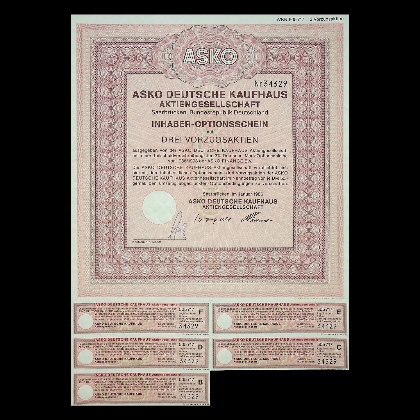 ASKO Deutsche Kaufhaus (German Dept Store) Warrant Certificate from Germany in 1986