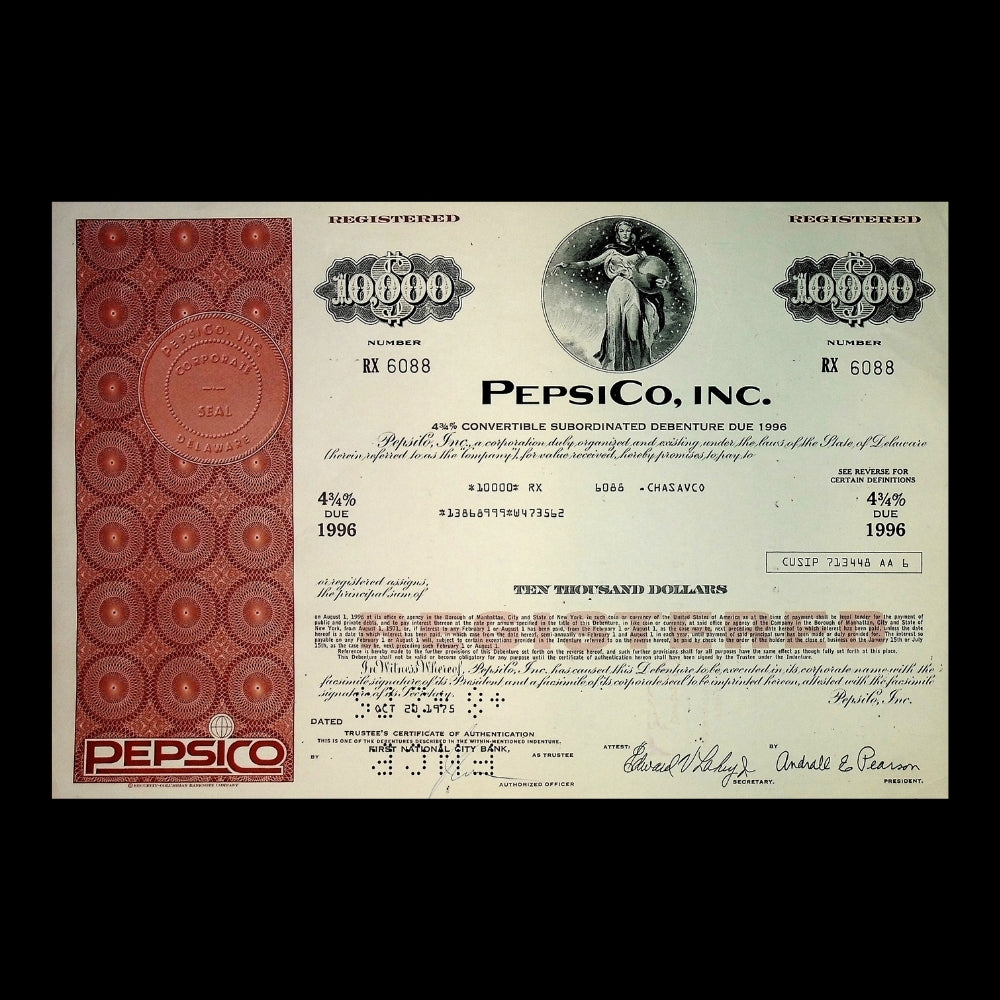 PepsiCo Bond Certificate Combo (Red, Cyan, Yellow) – New York, 1970s