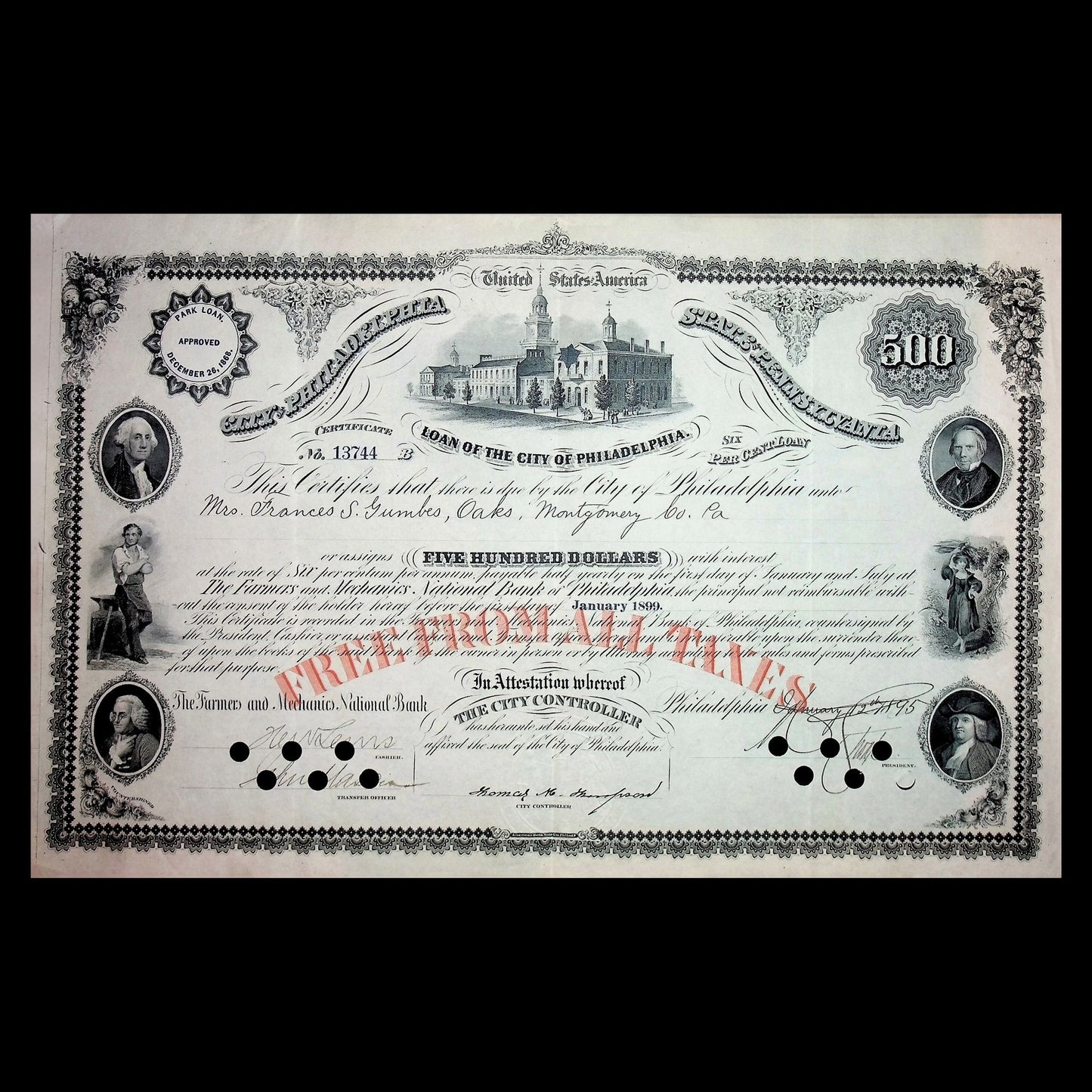 City of Philadelphia Bond Certificate from 1899 (with 10 vignettes!)