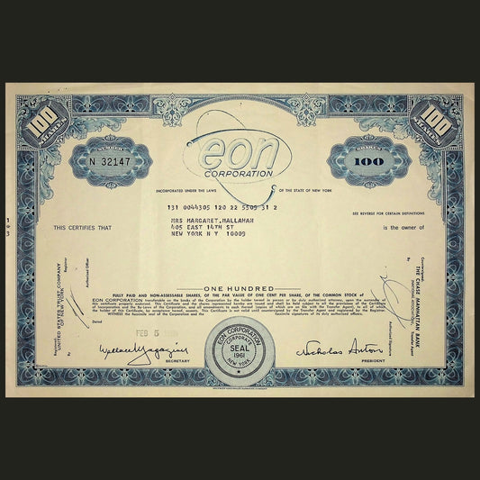 Eon Corporation (Early Radiation Co - founder sold last co to Lionel Trains) Stock Certificate from 1969