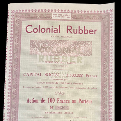 Colonial Rubber Stock Certificate 1944 from Gand (Ghent), Belgium