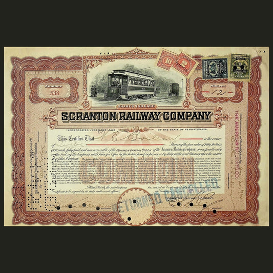 Scranton Railway Company Stock Certificate from 1914