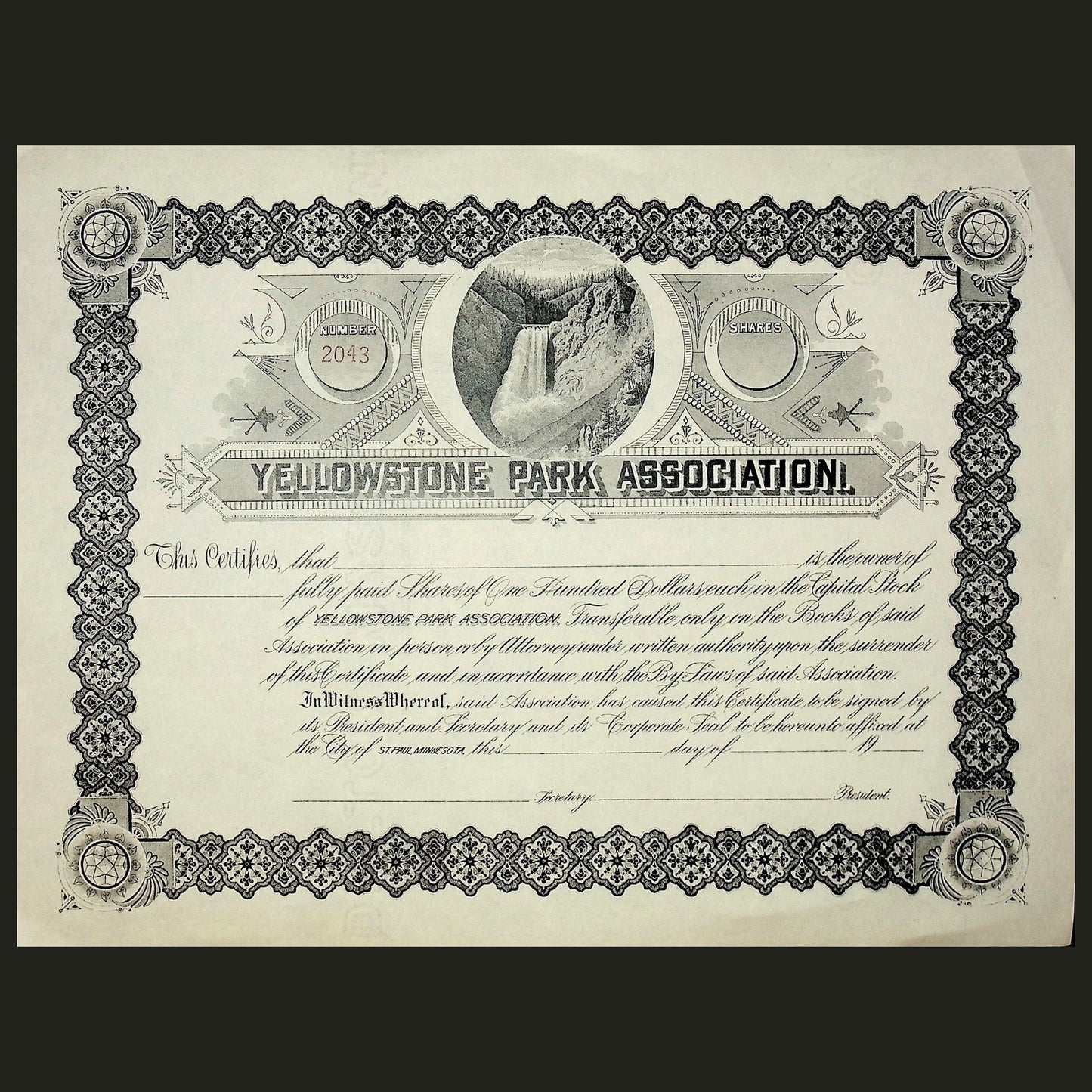 Yellowstone National Park Association Stock Certificate - Unissued from the late 1800s