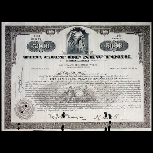 City of New York Bond Certificate from 1960s