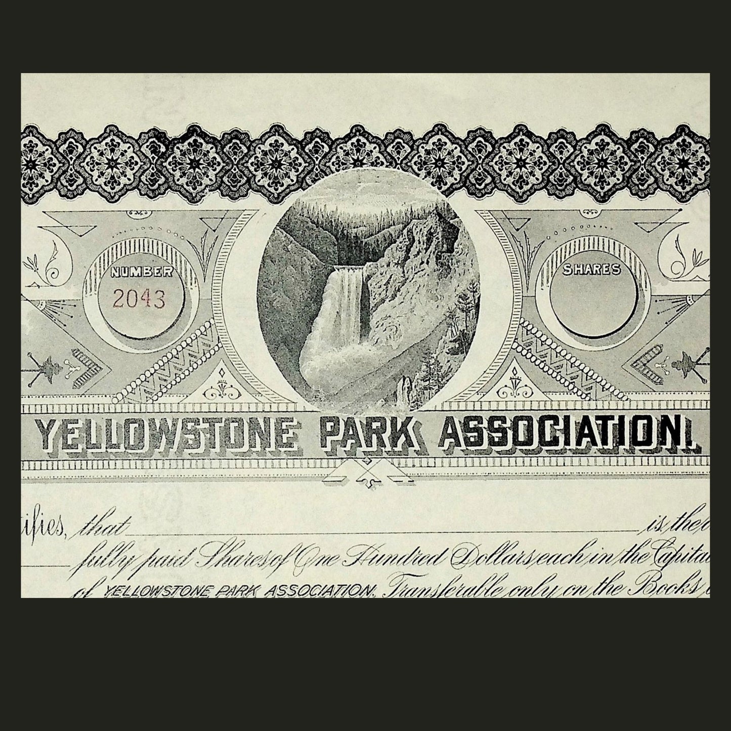 Yellowstone National Park Association Stock Certificate - Unissued from the late 1800s