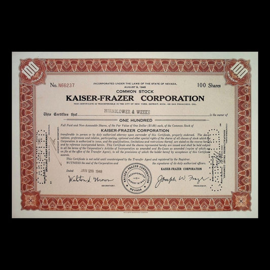 Kaiser-Frazer Corporation (Jeep, now Chrysler) Stock Certificate from 1940s