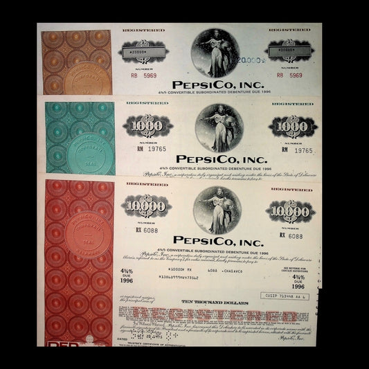 PepsiCo Bond Certificate Combo (Red, Cyan, Yellow) – New York, 1970s