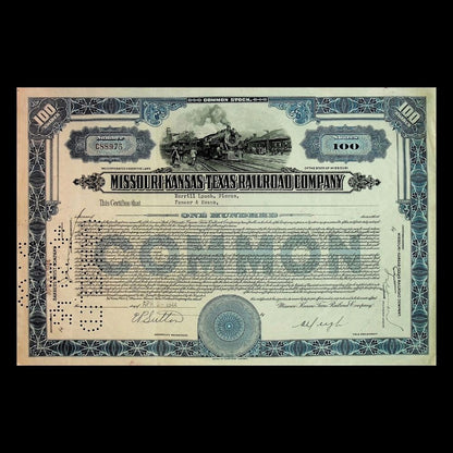 Missouri-Kansas Texas Railroad (Katy Railroad) Company Stock Certificate from 1940s