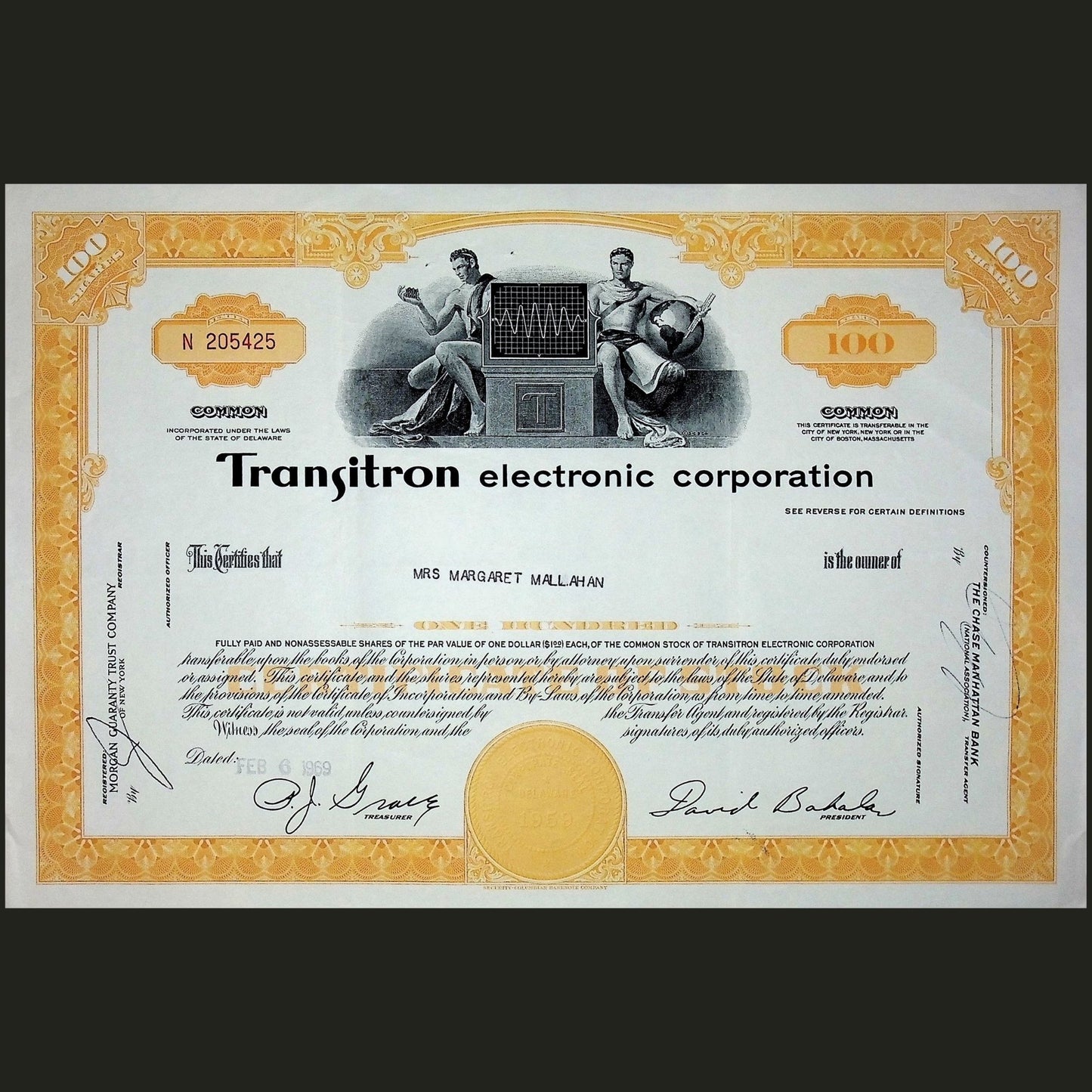 Transitron Electronic Corporation (The Transistor Tycoon) Stock Certificate from 1969