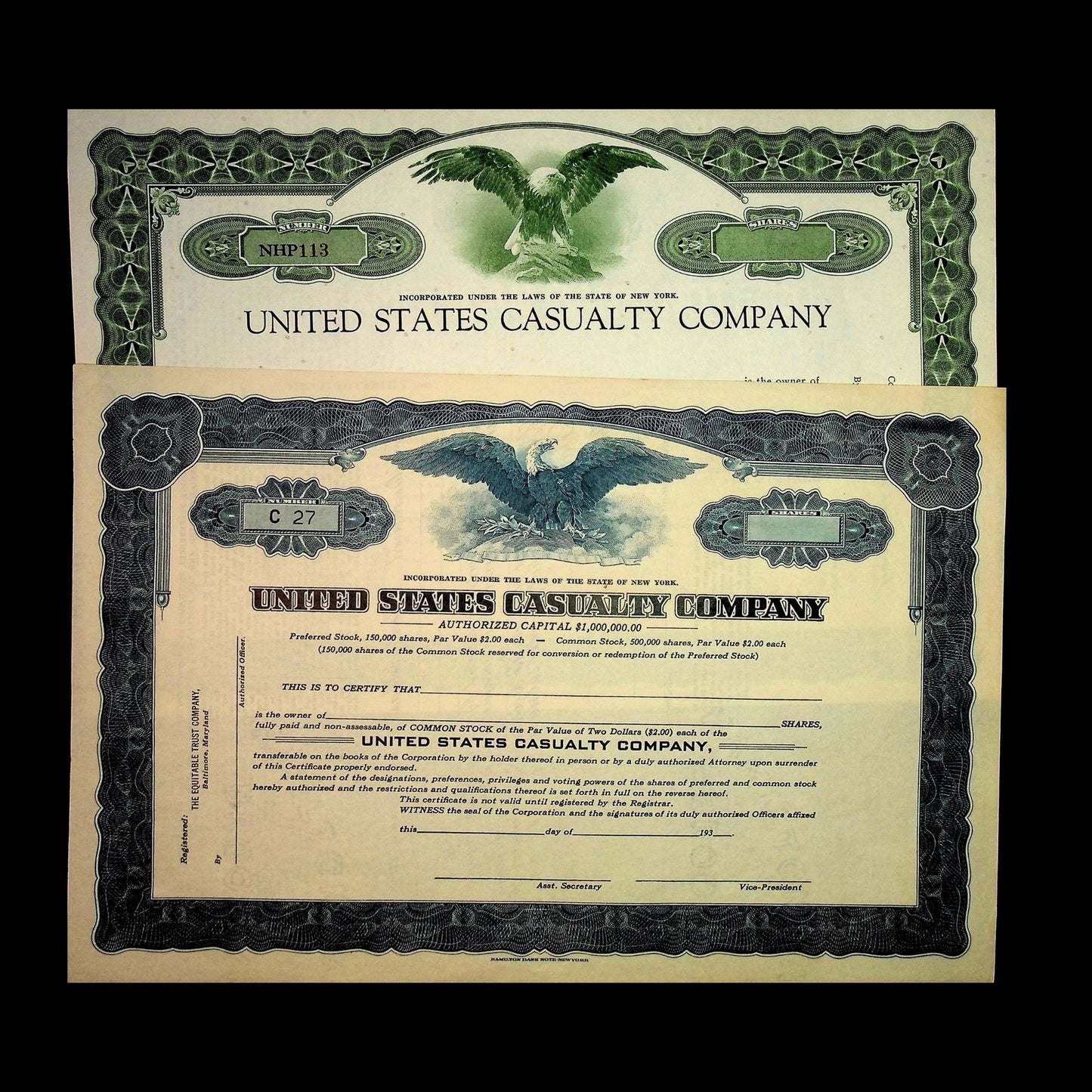 United States Casualty Company Stock Certificates (Green and Blue, Unissued)
