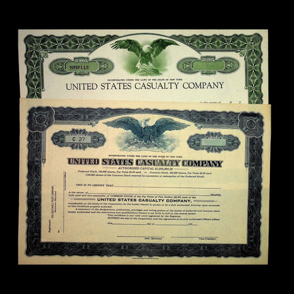 United States Casualty Company Stock Certificates (Green and Blue, Unissued)