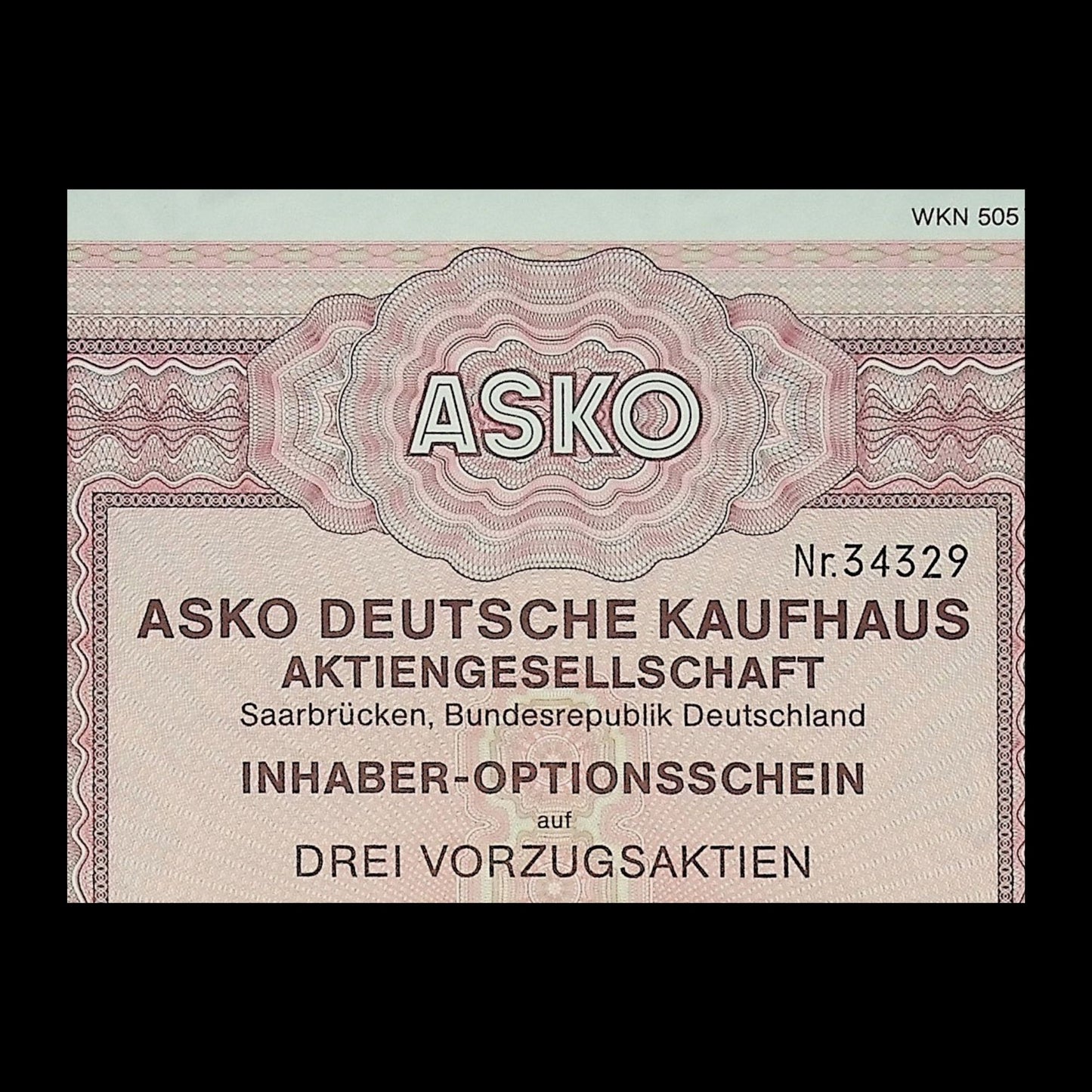 ASKO Deutsche Kaufhaus (German Dept Store) Warrant Certificate from Germany in 1986