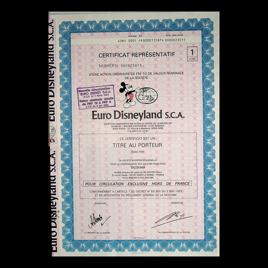 Euro Disneyland Bond Certificate with Mickey Mouse and Coupons from 1983 in French
