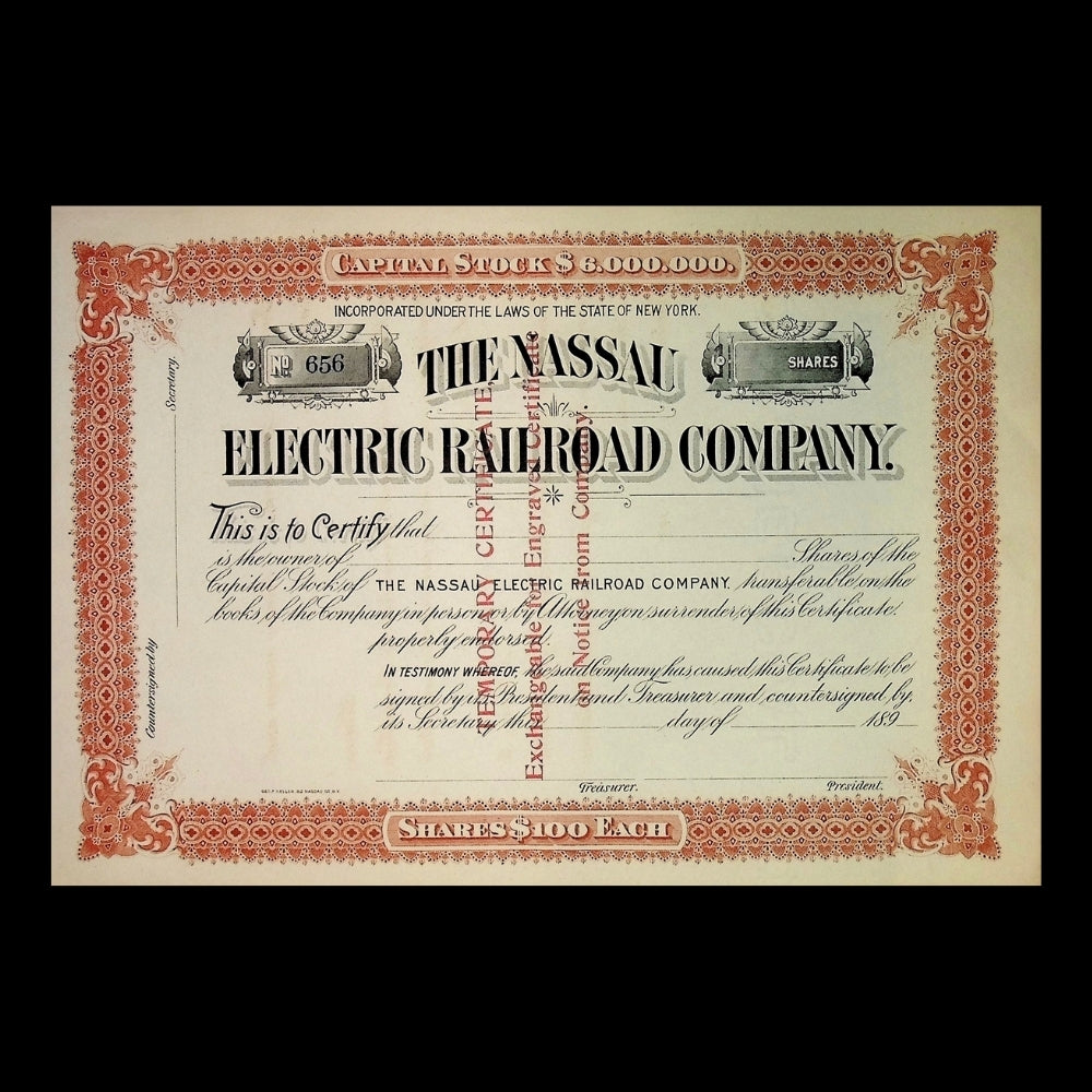 Nassau Electric Railroad Company (Early Brooklyn Trolly) Unissued Stock Certificate from 1890 - Brown