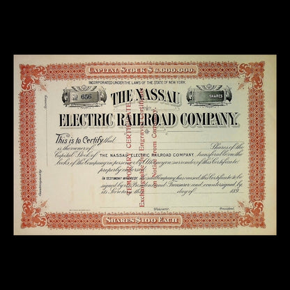 Nassau Electric Railroad Company (Early Brooklyn Trolly) Unissued Stock Certificate from 1890 - Brown