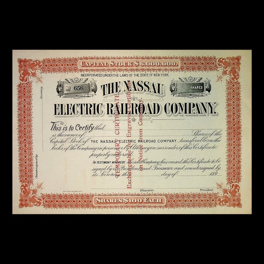 Nassau Electric Railroad Company (Early Brooklyn Trolly) Unissued Stock Certificate from 1890 - Brown