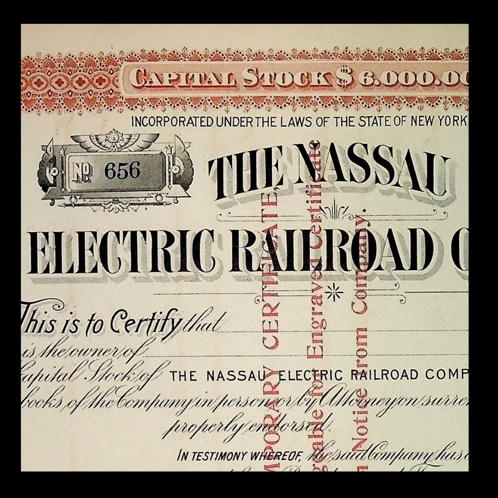 Nassau Electric Railroad Company (Early Brooklyn Trolly) Unissued Stock Certificate from 1890 - Brown