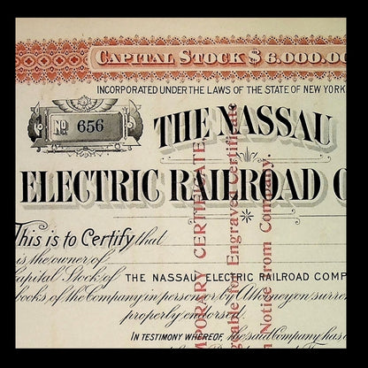 Nassau Electric Railroad Company (Early Brooklyn Trolly) Unissued Stock Certificate from 1890 - Brown