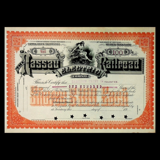 Nassau Electric Railroad Company Stock Certificate from 1890s - Early Brooklyn Trolly