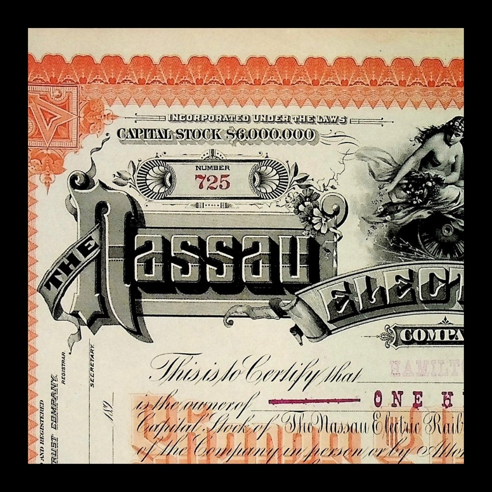 Nassau Electric Railroad Company Stock Certificate from 1890s - Early Brooklyn Trolly
