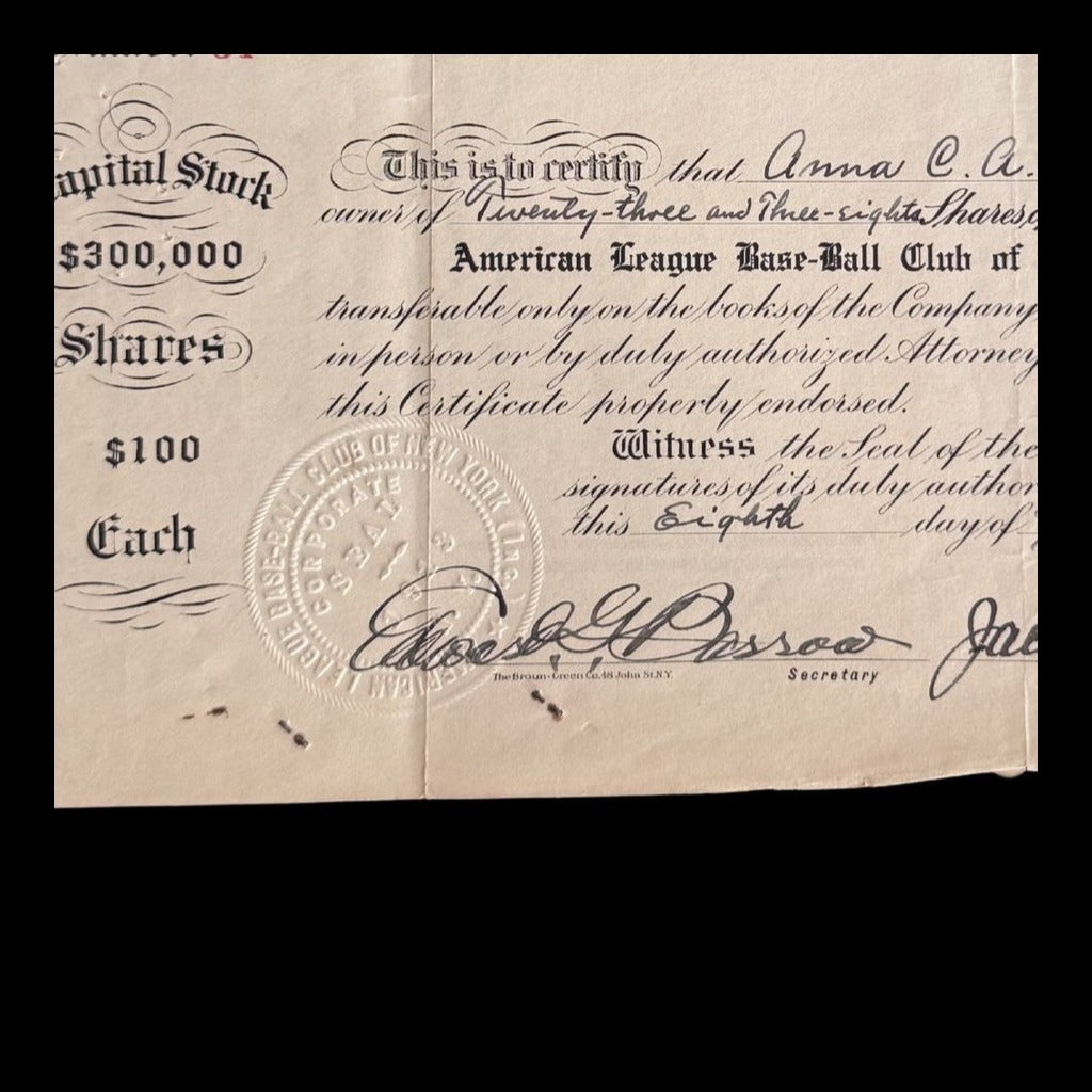 American League Base-Ball Club of New York Stock Certificate from 1928 — Signed by Jacob Ruppert