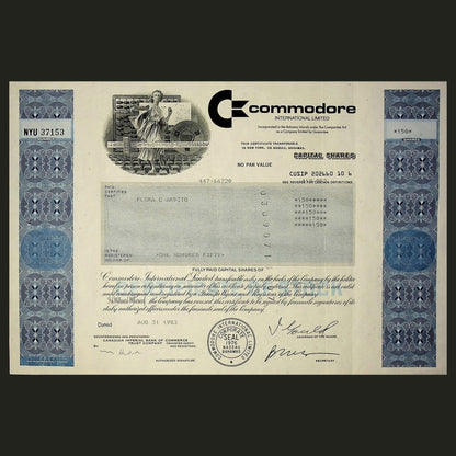 Commodore International (Commodore 64) Stock Certificate from 1983