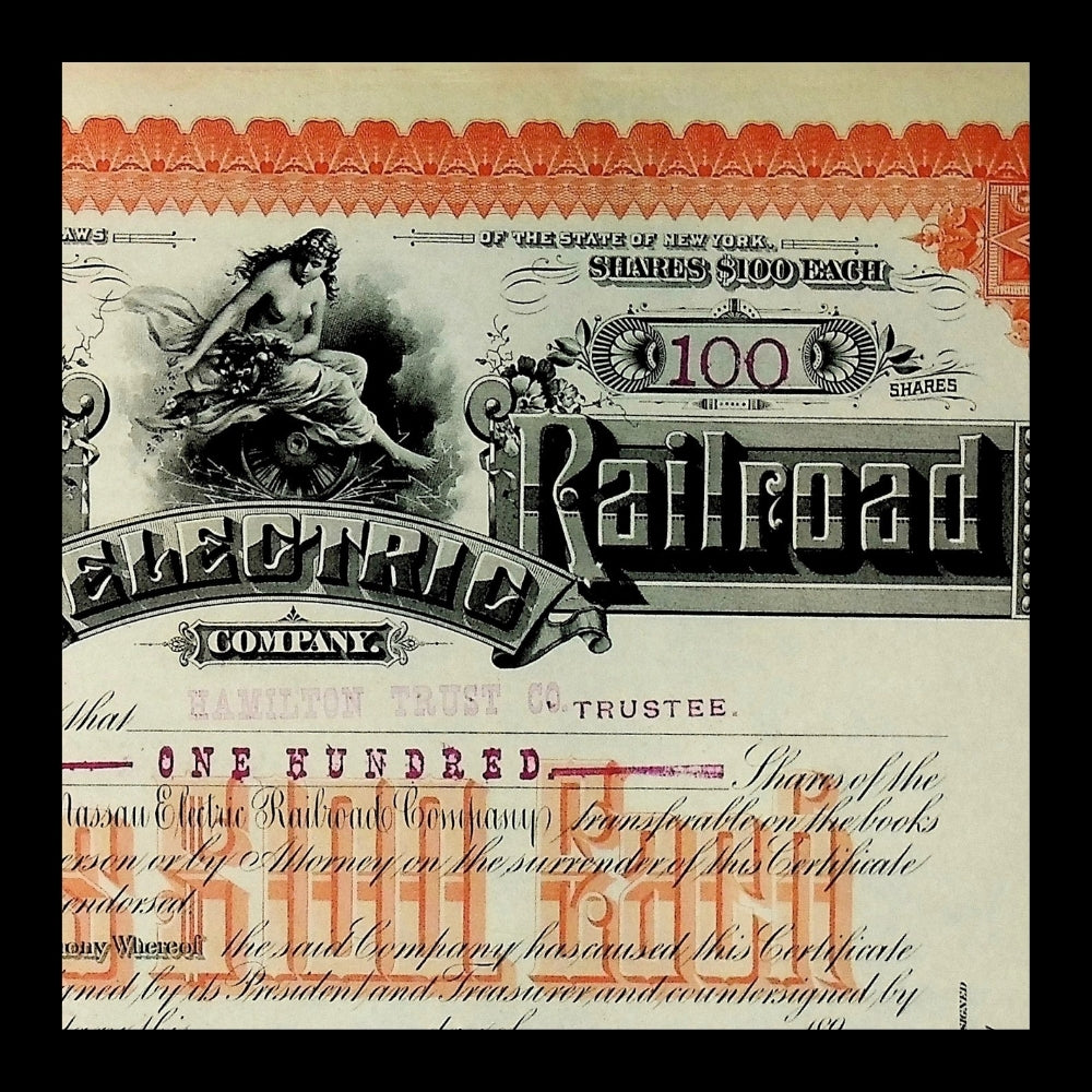 Nassau Electric Railroad Company Stock Certificate from 1890s - Early Brooklyn Trolly
