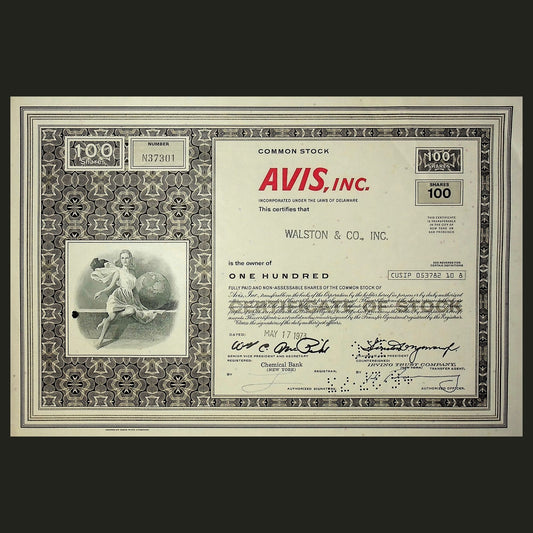 Avis Inc Stock Certificate from 1973