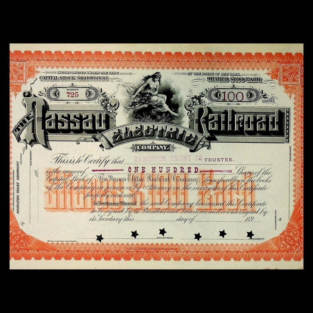 Nassau Electric Railroad Company Stock Certificate from 1890s - Early Brooklyn Trolly