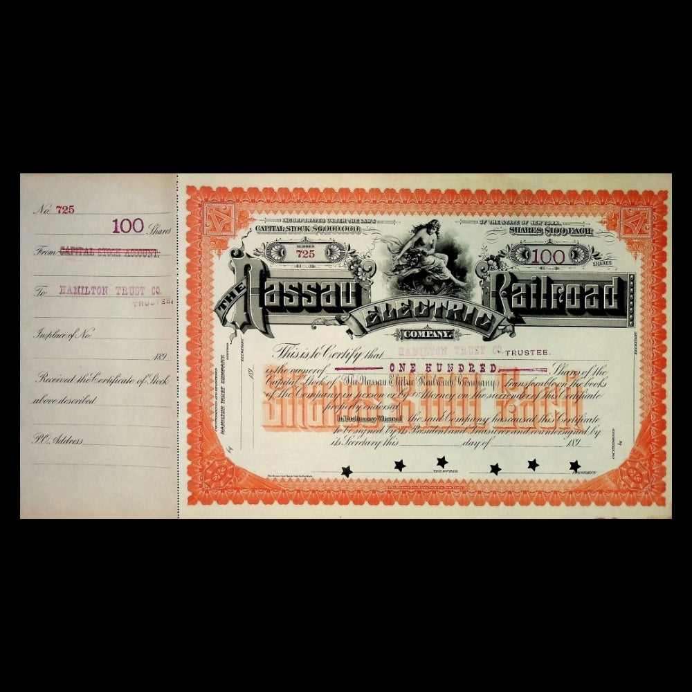 Nassau Electric Railroad Company Stock Certificate from 1890s - Early Brooklyn Trolly