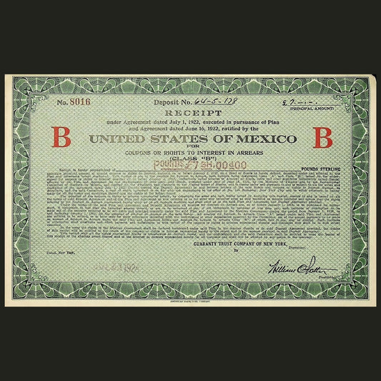 United States of Mexico Transfer Receipt from 1924