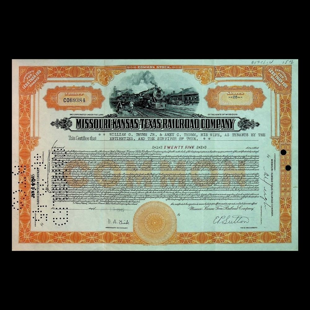 Missouri-Kansas Texas Railroad (Katy Railroad) Company Stock Certificate from 1940s