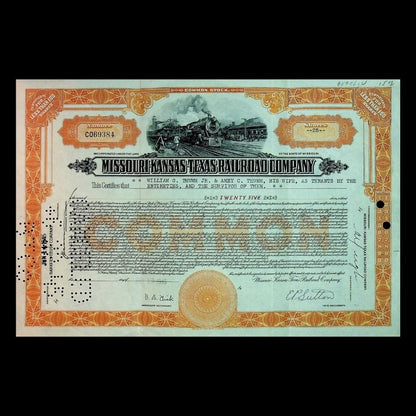Missouri-Kansas Texas Railroad (Katy Railroad) Company Stock Certificate from 1940s