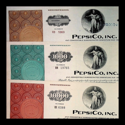PepsiCo Bond Certificate Combo (Red, Cyan, Yellow) – New York, 1970s