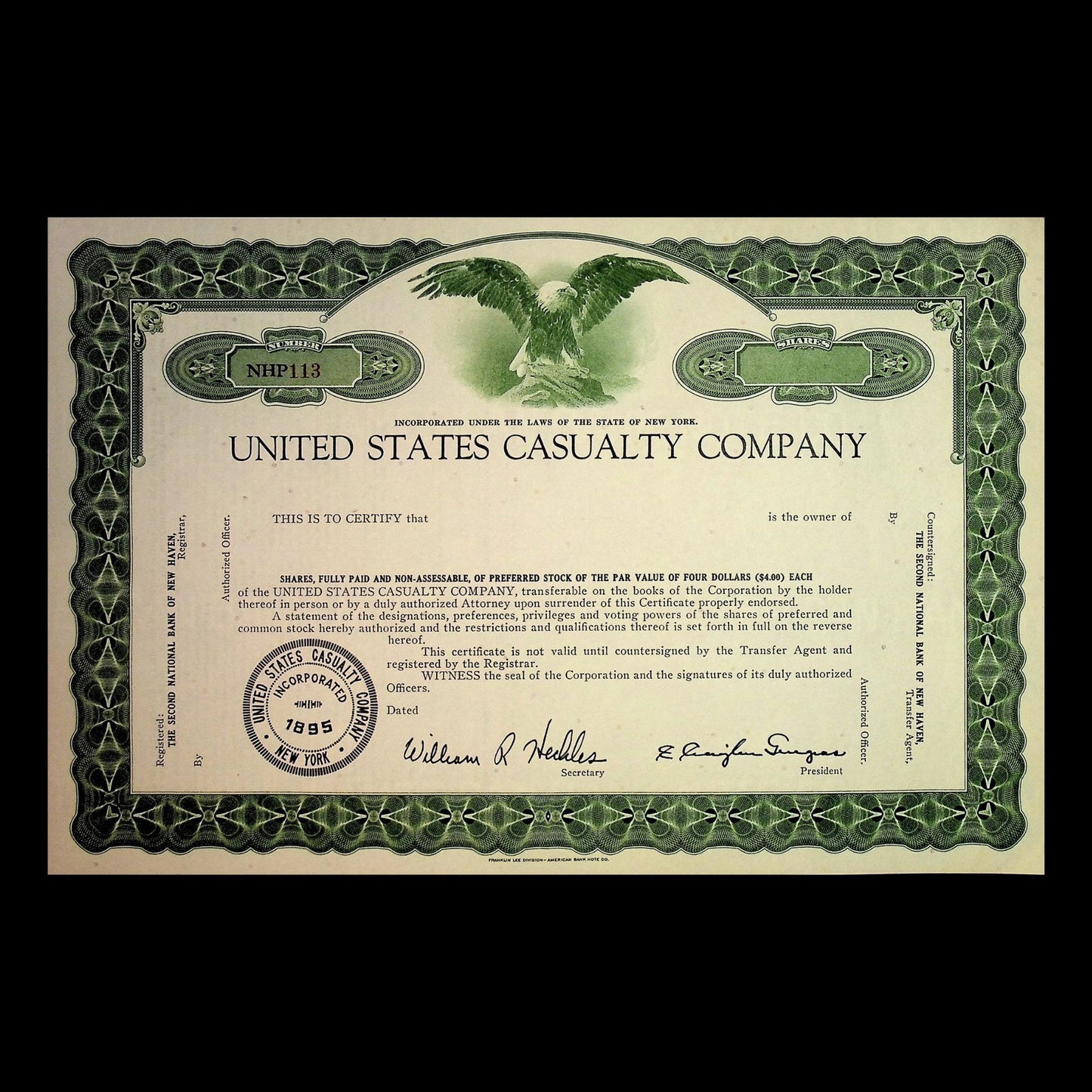 United States Casualty Company Stock Certificates (Green and Blue, Unissued)