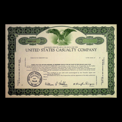United States Casualty Company Stock Certificates (Green and Blue, Unissued)
