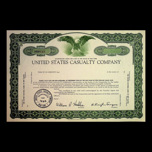 United States Casualty Company Stock Certificates (Green and Blue, Unissued)