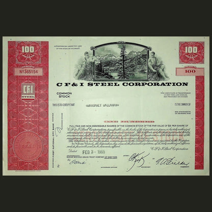 CF&I (Colorado Fuel and Iron) Steel Corporation Stock Certificate from 1969