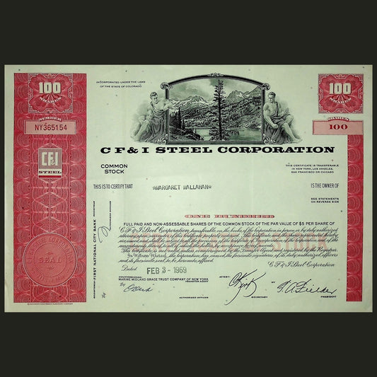 CF&I (Colorado Fuel and Iron) Steel Corporation Stock Certificate from 1969