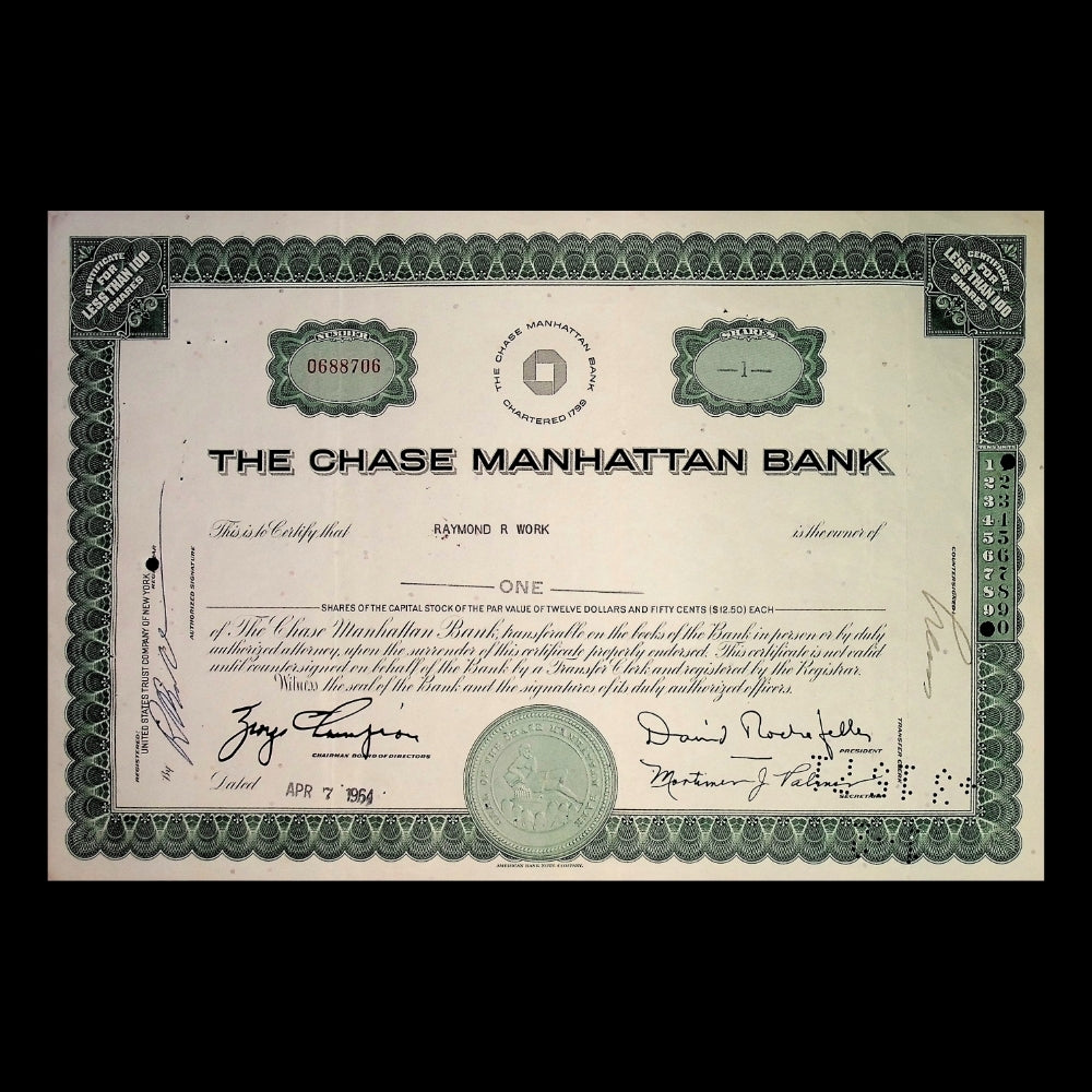 Chase Manhattan Bank Stock Certificate with Octagon Logo from 1960s