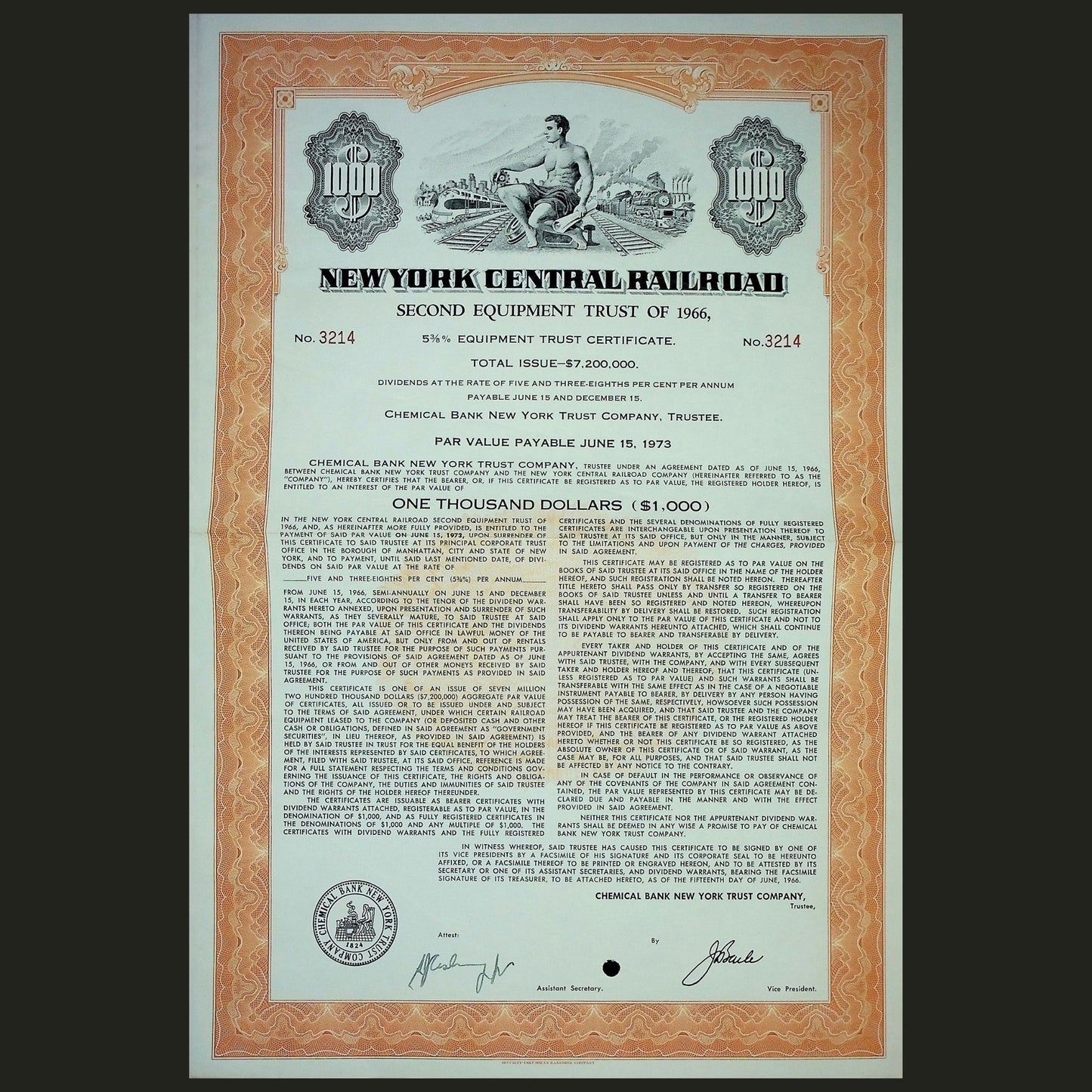 New York Central Railroad Second Equipment Trust of 1966 Bond