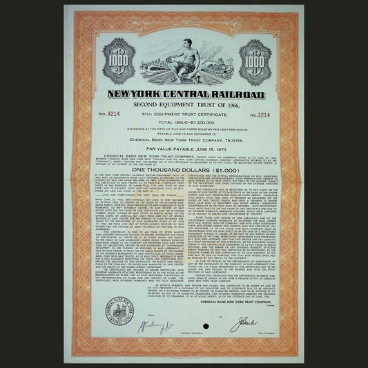 New York Central Railroad Second Equipment Trust of 1966 Bond