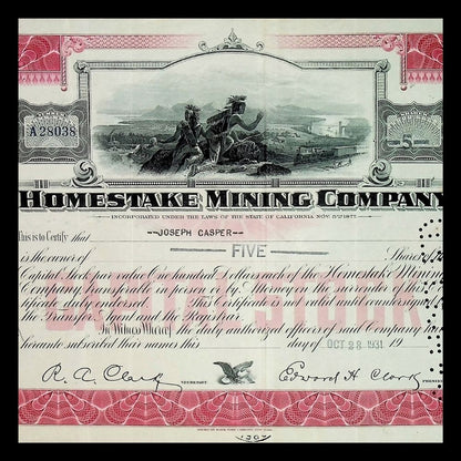 Homestake Mining Company from South Dakota Stock Certificate 1930s to 1940s