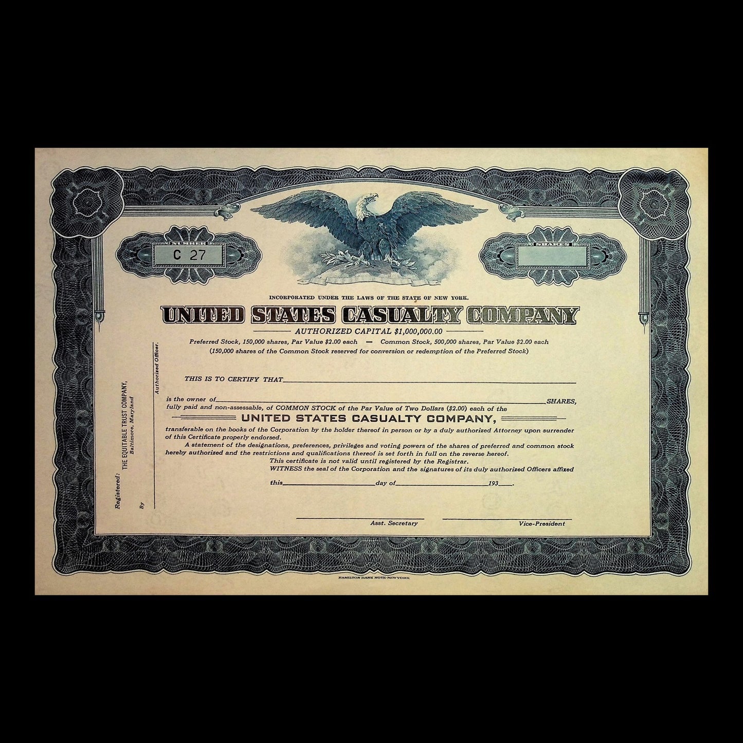 United States Casualty Company stock certificate with decorative border and eagle emblem.