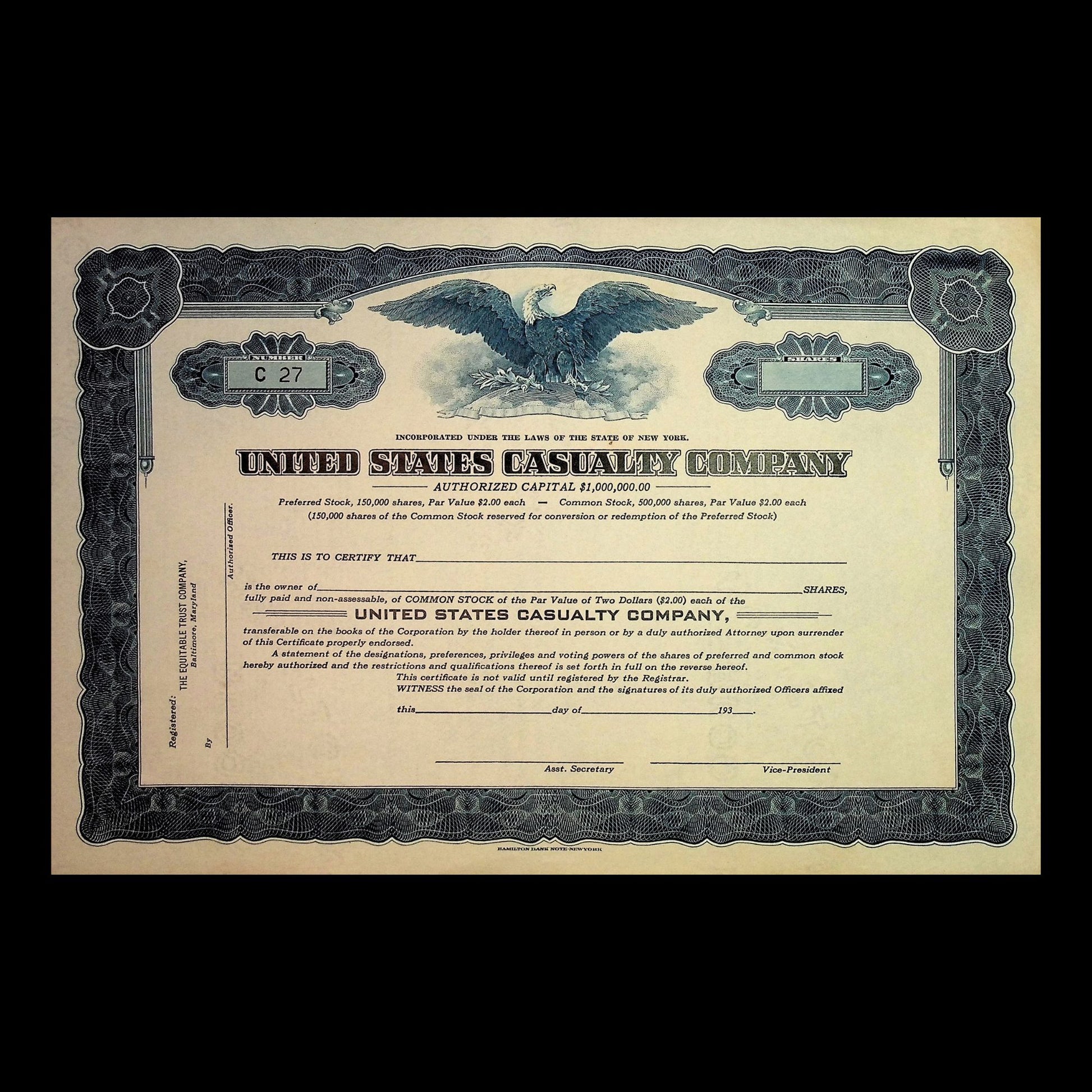 United States Casualty Company stock certificate with decorative border and eagle emblem.