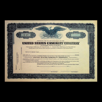 United States Casualty Company stock certificate with decorative border and eagle emblem.